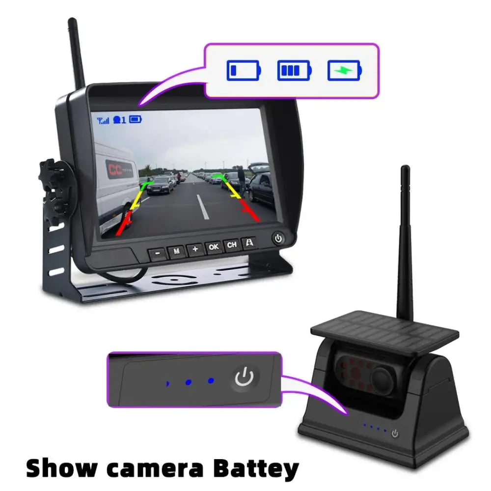 Solar Powered Magnetic Dash Cam with 7-Inch Monitor, 1080P Resolution, Night Vision, Waterproof, for Cars, Trucks, RVs, and Trailers