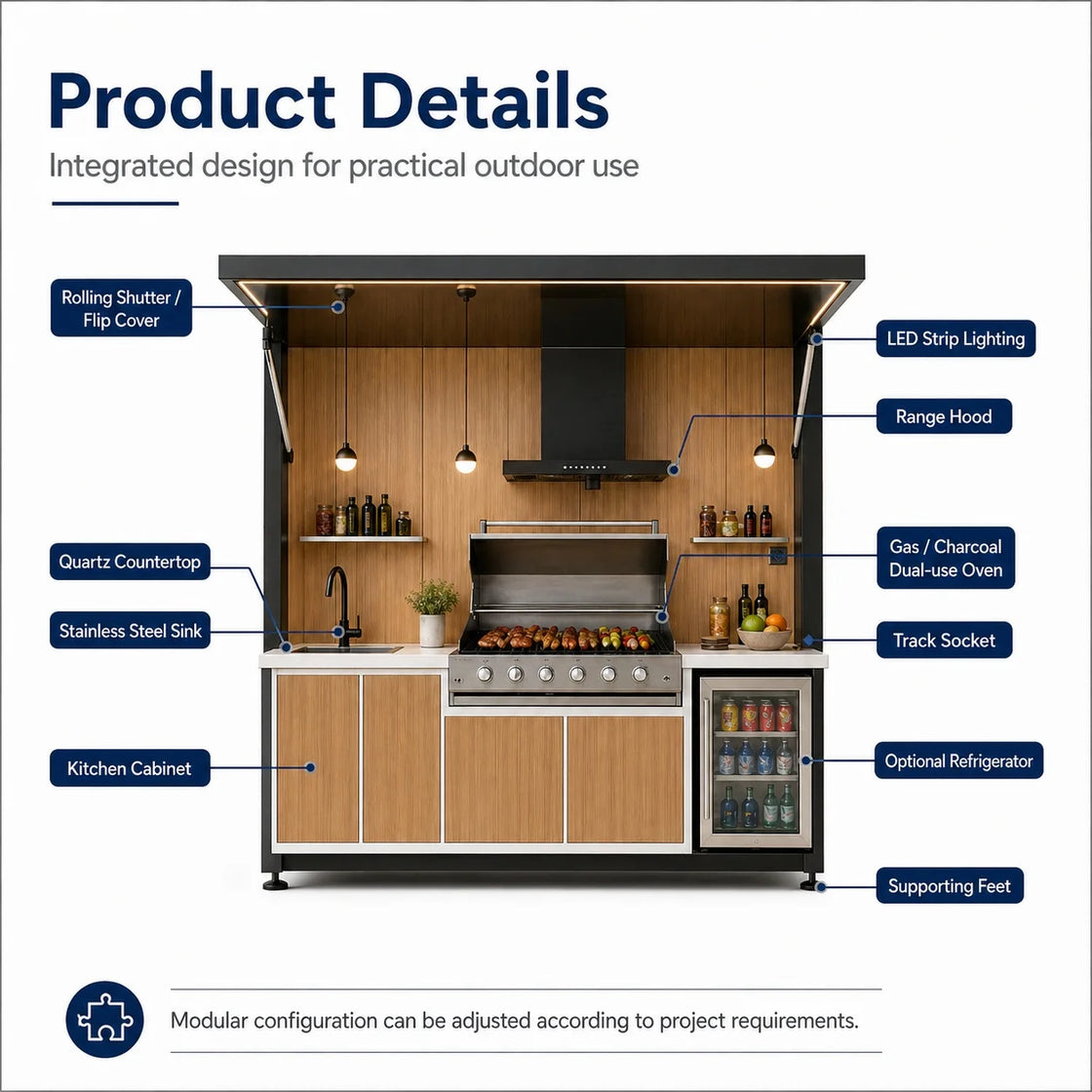 Modular Outdoor Kitchen Cabinets with Built-in Gas Grill and Sink, Portable Mobile Design