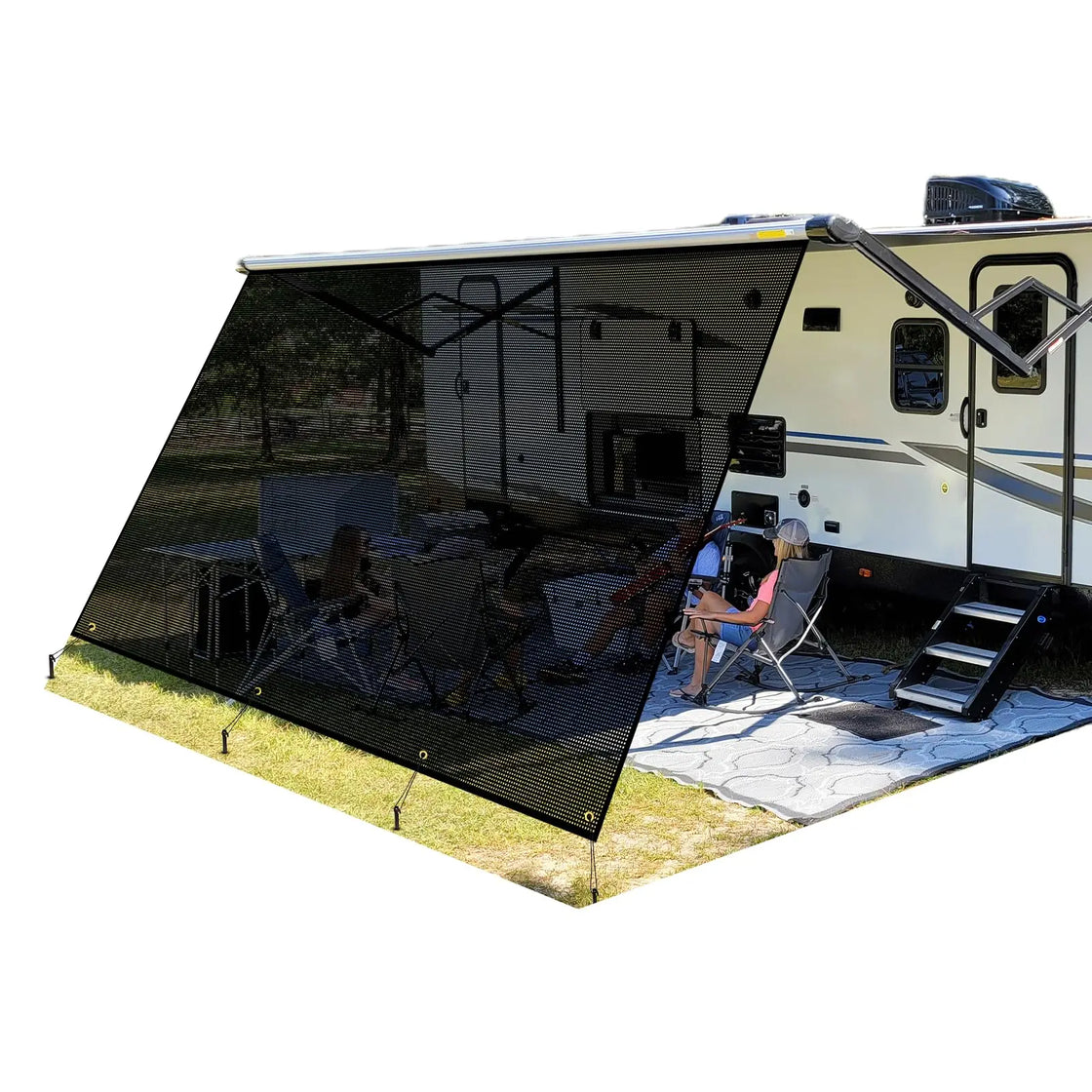 Navy Blue Mesh RV Awning for 16ft Travel Trailers and Motorhomes, UV Protection Canopy