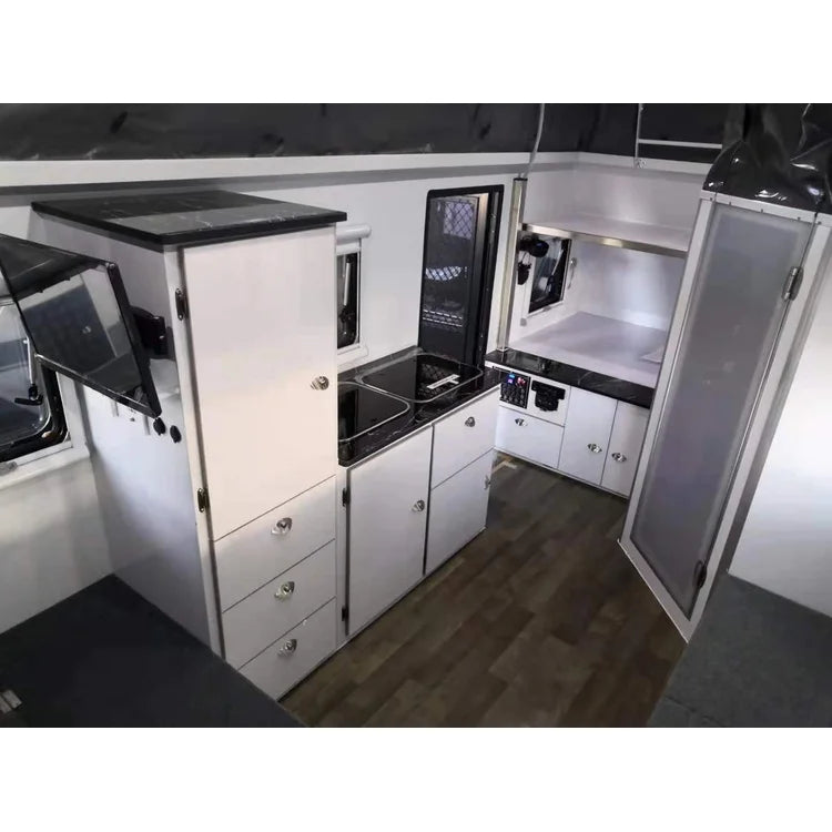 15ft Motorhome RV Caravan Toy Hauler Trailer with Customization for Camping, Aluminum and Fiberglass, 3000KG Payload