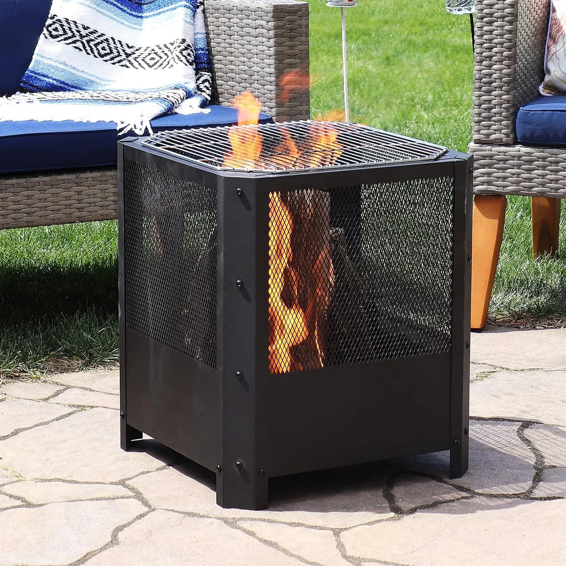 Customized Square Outdoor Wood-Burning Fire Pit with Cooking Grill, Alloy Steel, 42.5cm x 42.5cm x 50.2cm