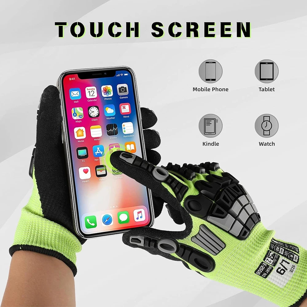 Men's Anti-Impact Safety Work Gloves, TPR Coated, Nitrile Sandy, Cut Resistant, Waterproof, Touchscreen, General Purpose