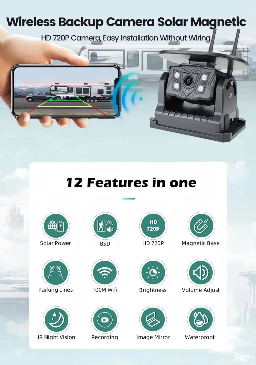 Wireless AI Blind Spot Detection Backup Camera with Night Vision and Magnetic Base