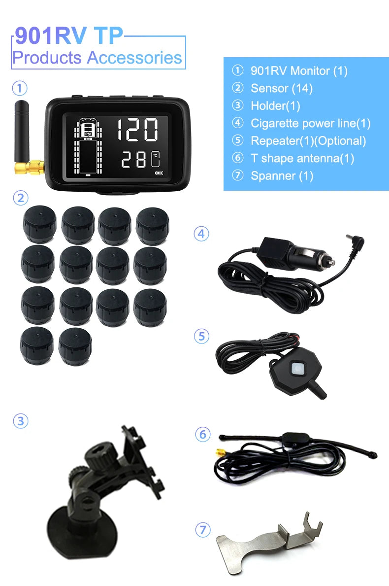 Truck RV Bus Tire Pressure Monitoring System with External Sensors, Model 901RV, Compatible with Toyota Truck and Volkswagen, 199 psi