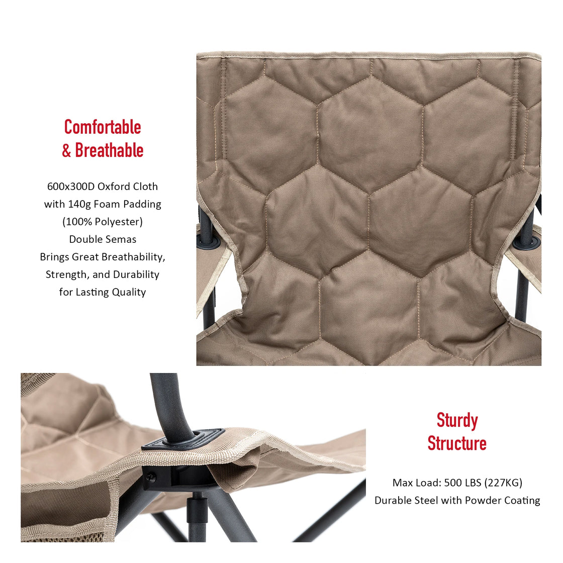 Folding Camping Chair with Steel Frame and Padded 600D PVC Fabric, Outdoor Beach and Leisure Use, 500 lbs Capacity