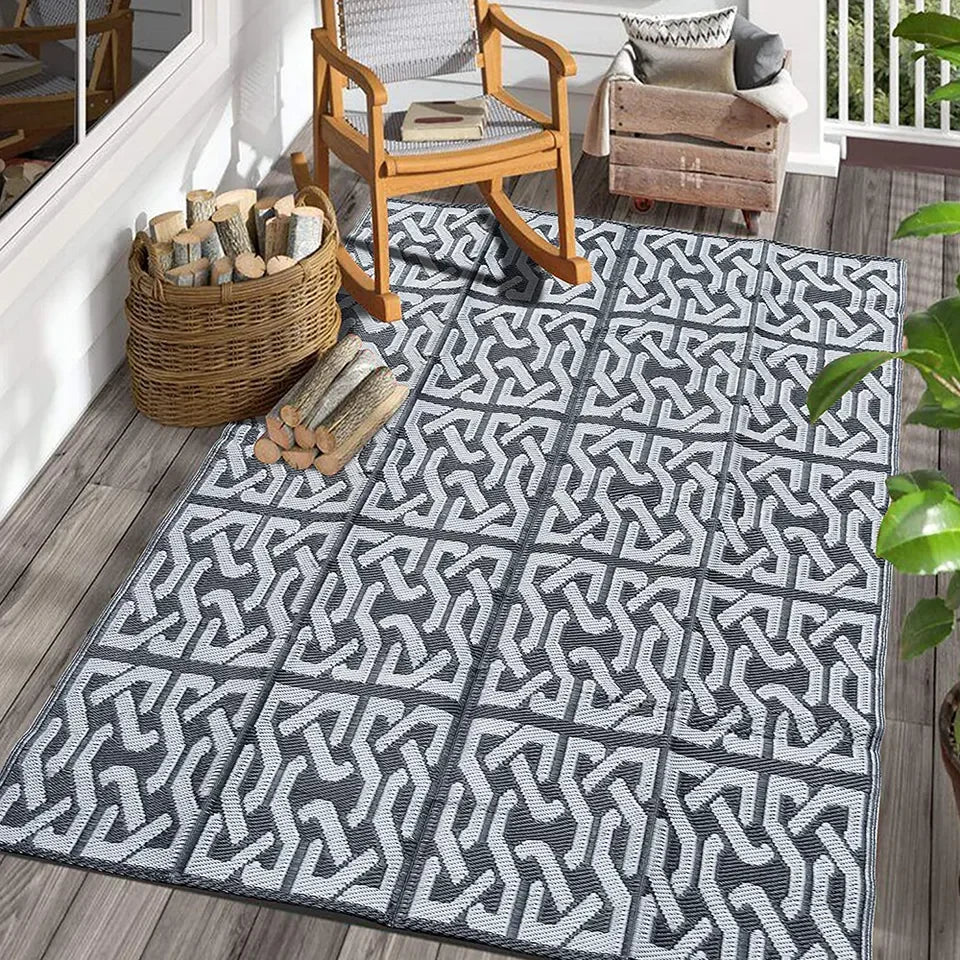 Outdoor Woven Mat, Rectangular, Washable, Stain Resistant, Non-Slip, Geometric Pattern, Polypropylene, Flat Pile