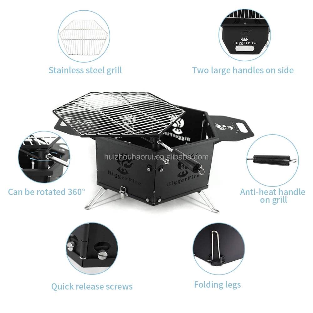 Outdoor Portable Charcoal BBQ Grill, Adjustable Height, Easy Assembly, Steel Construction, Black