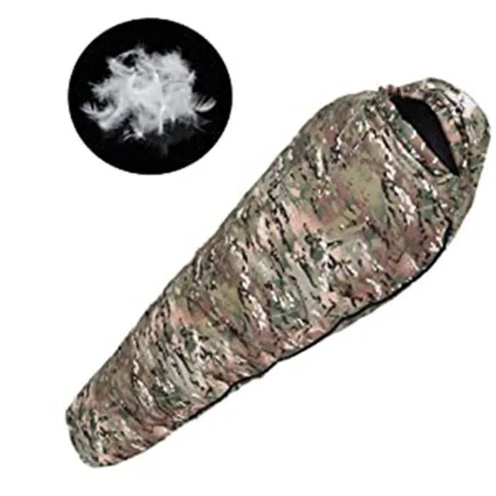 Woodland Camouflage Mummy Sleeping Bag, All Seasons, 230x80x50cm, Duck Down and Hollowfiber Filling, Suitable for Hiking and Camping