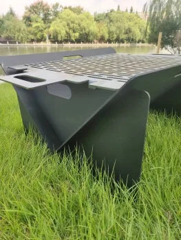 Portable Steel Fire Pit with Stainless Steel Grill for Camping and Backyard Use, Black, 570x390x275mm
