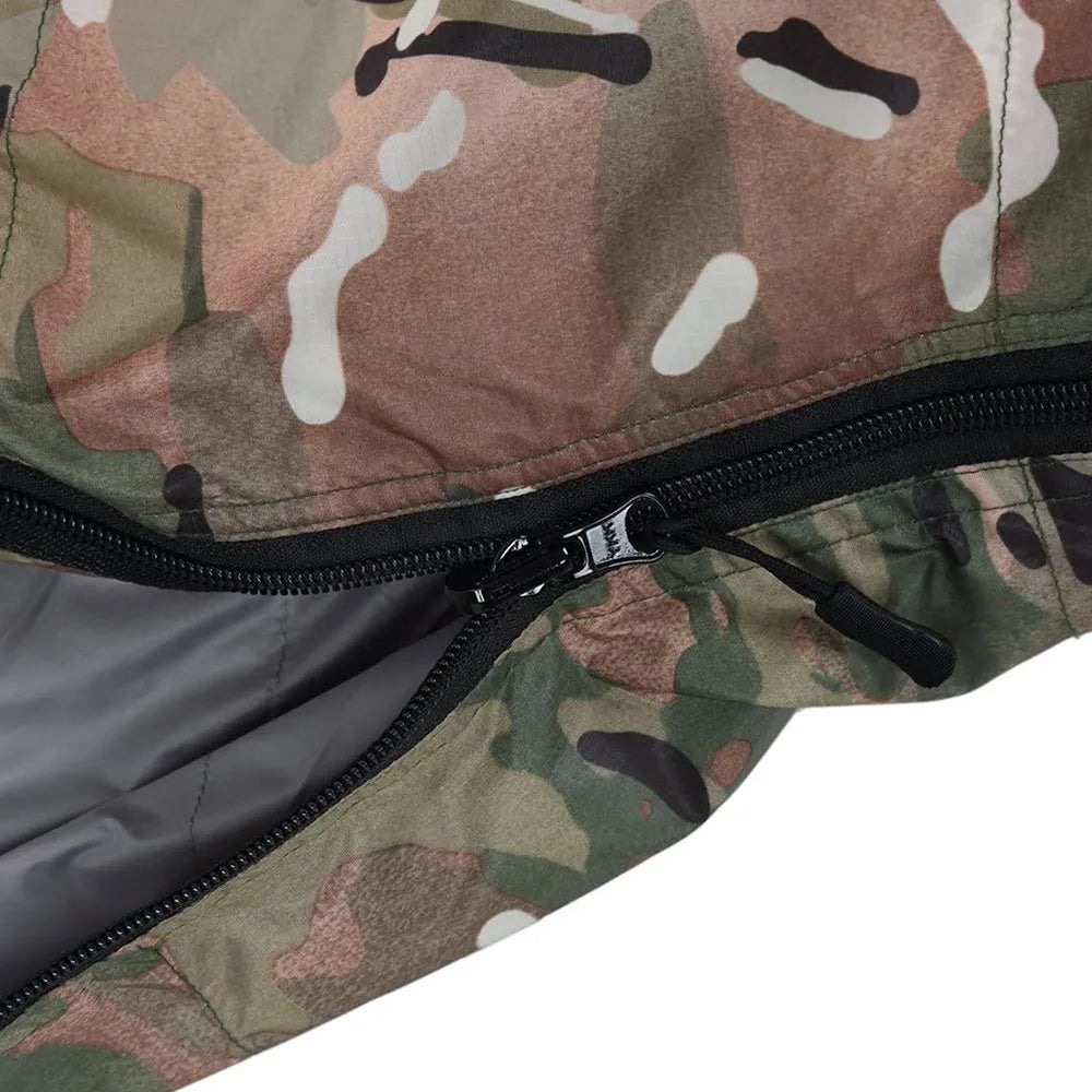 Woodland Camouflage Mummy Sleeping Bag, All Seasons, 230x80x50cm, Duck Down and Hollowfiber Filling, Suitable for Hiking and Camping