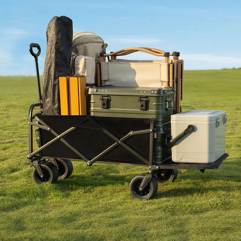 Multi-Terrain Foldable Four-Wheel Shopping and Travel Trolley Cart with Table Board, Steel Construction, 90x50x55 cm