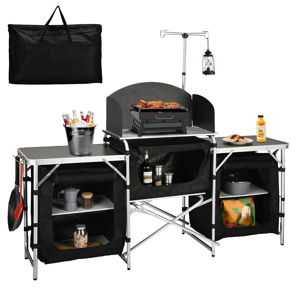 Camping Kitchen Cupboard, Aluminum Outdoor Folding Table, 175x40x111cm, Waterproof, Lightweight, Easy to Carry