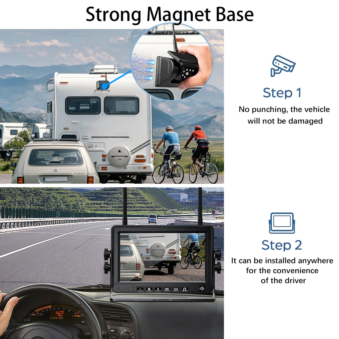 Solar Powered Magnetic Dash Cam with 7-Inch Monitor, 1080P Resolution, Night Vision, Waterproof, for Cars, Trucks, RVs, and Trailers