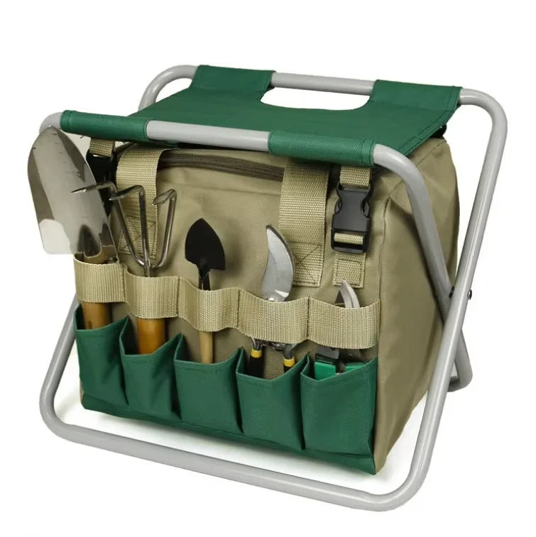 VTX-1774757 Portable Folding Garden Kneeler Heavy Duty Handles Hand Tools Set Including Chair Seat Tote Bag Polyester Camping