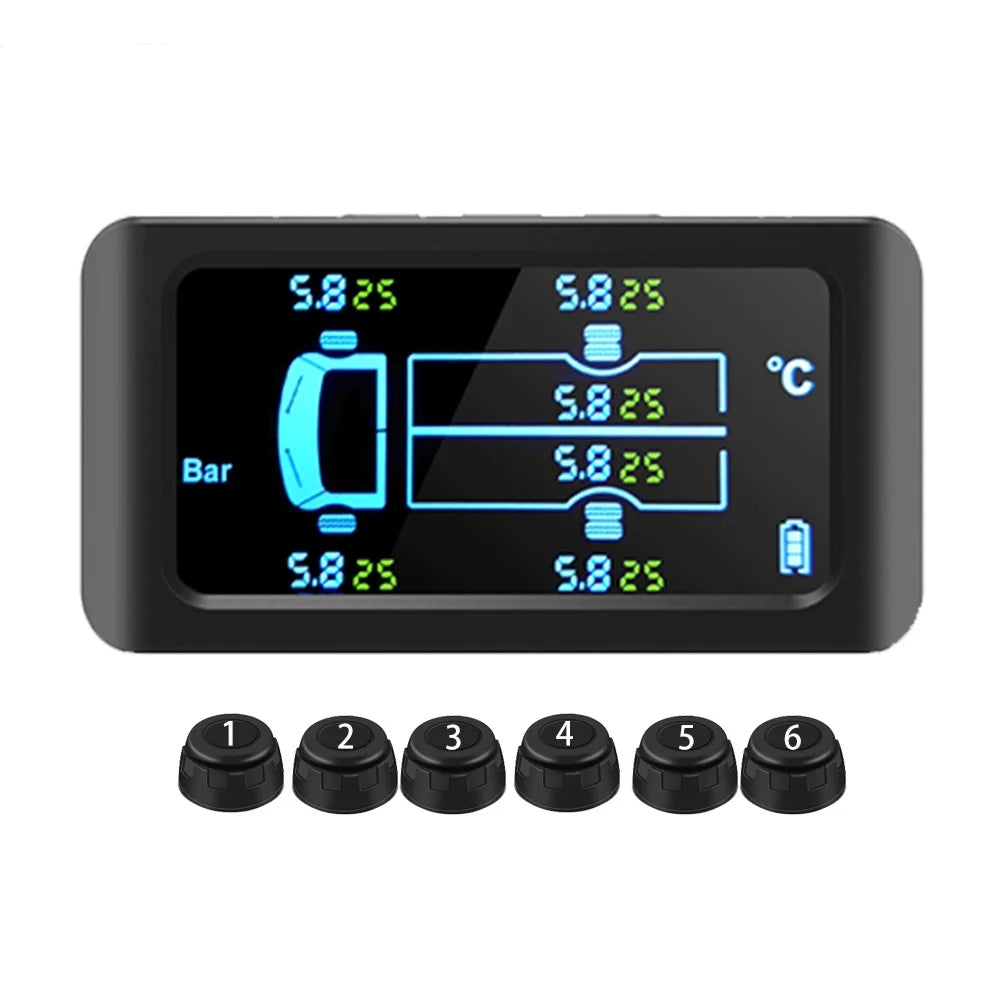 Solar Tire Pressure Monitoring System with 6 Sensors for 6-Wheel Vehicles, Digital LCD Display, IP67 Waterproof, Real-Time Monitoring
