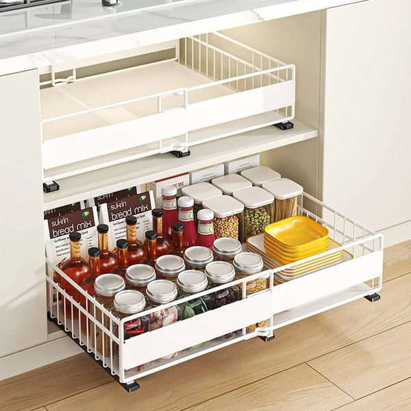 VTX-9513765 Expandable Pull Out Cabinet Organizer No Drill Deep Slide Drawer Kitchen Bathroom Wardrobe Metal Modern Adjustable