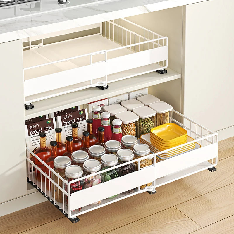VTX-9513765 Expandable Pull Out Cabinet Organizer No Drill Deep Slide Drawer Kitchen Bathroom Wardrobe Metal Modern Adjustable
