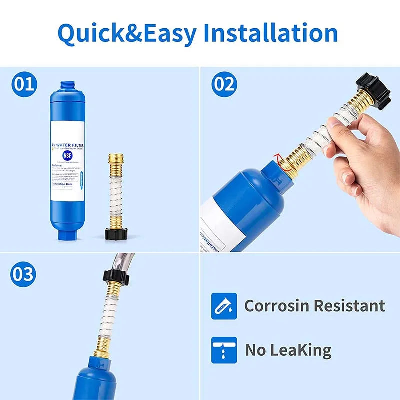 KDF Carbon Inline Portable RV Water Filter System, Model JY-RV-01, White/Blue/Green, Filters 8000L