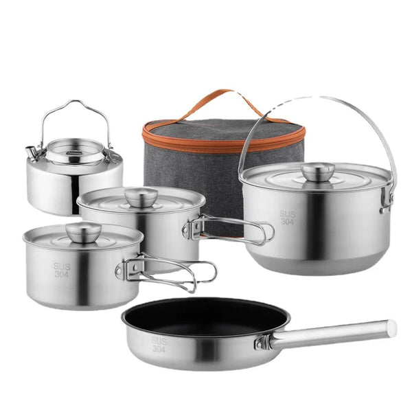 VTX-1628197 STARCAMP 5pcs 304 Stainless Steel Outdoor Picnic Camping Pot Cookware Kit Kitchen Set Cooking Cutlery Sets Carry Bag
