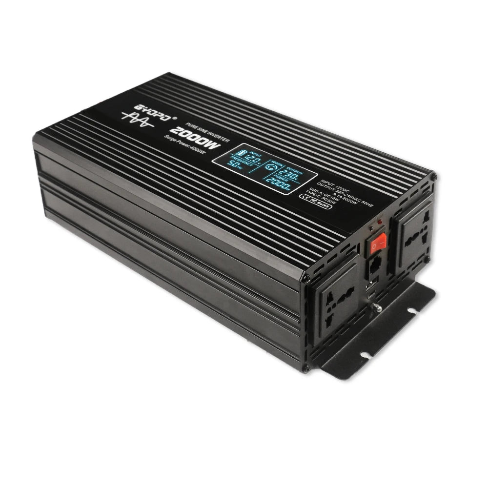 2000 Watts DC/AC Inverter with LCD Remote Control, Pure Sine Wave Output, Off-Grid, 4000W Peak Power, Black, 1 Year Warranty