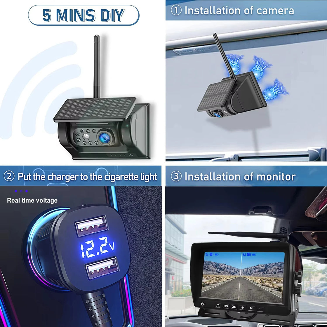 7 Inch Solar Wireless Night Vision Waterproof Rear View Camera with DVR Recording for Trucks and RVs