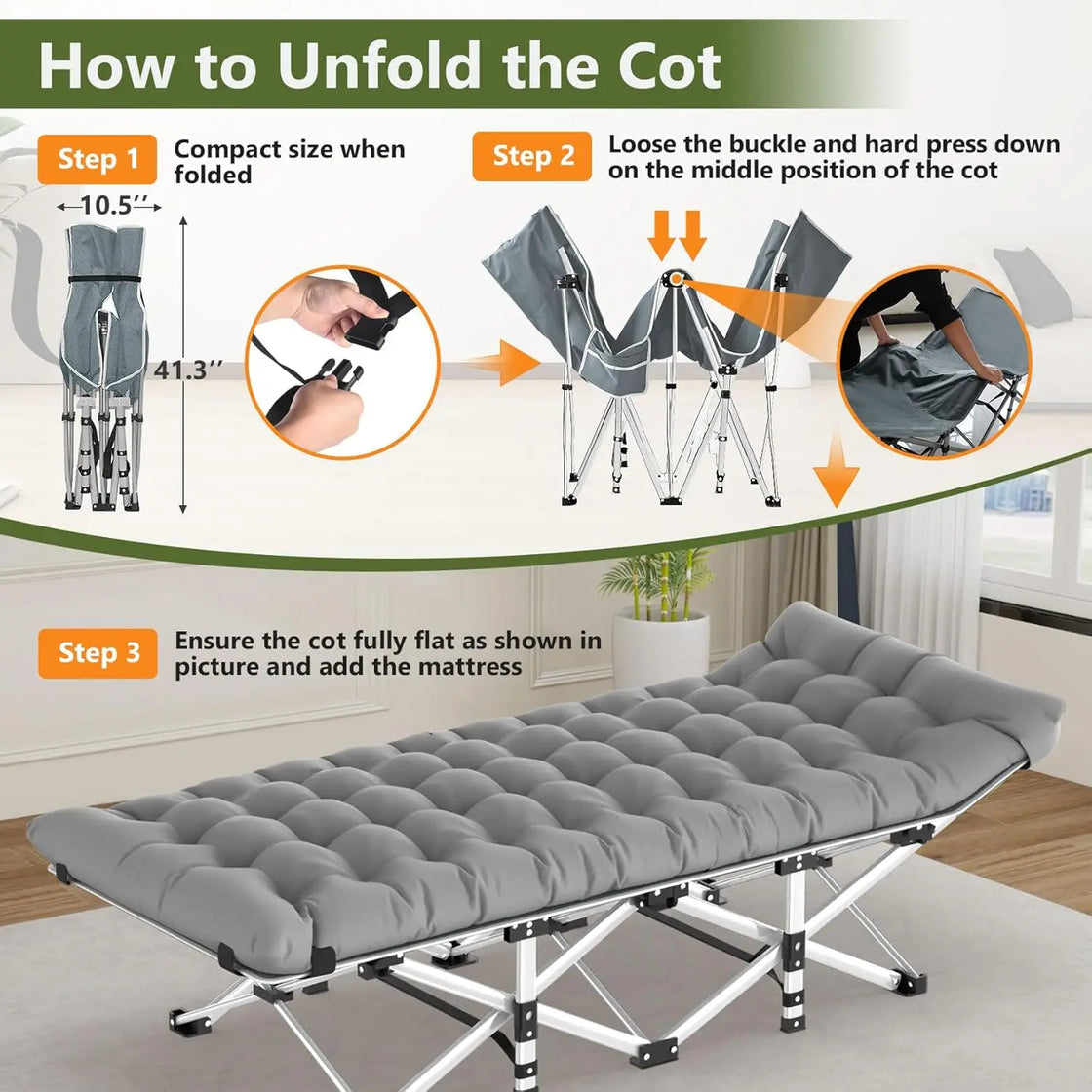 Portable Foldable Outdoor Camping Cot with Mattress Cushion, Steel Frame, Modern Design