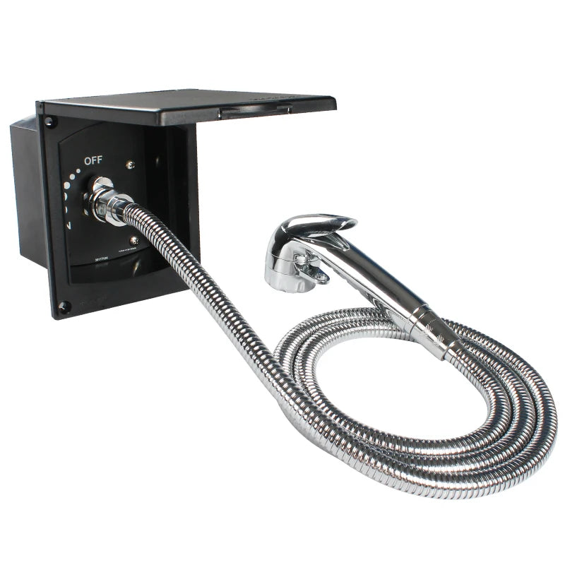 Black RV Exterior Shower Box Kit with Quick Connect Sprayer and Hose, 115 x 142 x 100 mm