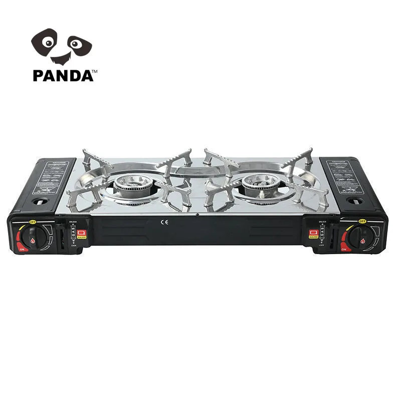 Portable Double Burner Butane Stove with Grill for Outdoor Cooking