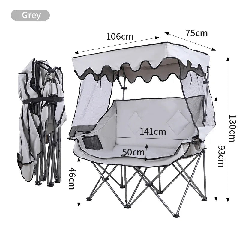 Outdoor Folding Chair with Integrated Awning Canopy and Double Backrest for Camping, Beach, and Fishing