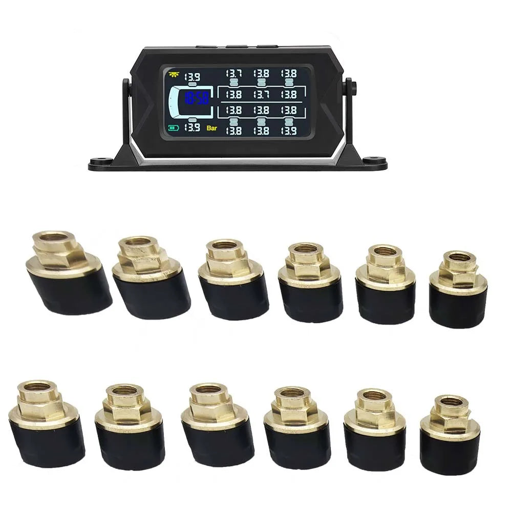 Heavy Duty 12-Wheel Tire Pressure Monitoring System for Truck and RV, Model FGS-20, 433.92MHz, LCD Display, Real-Time Monitoring