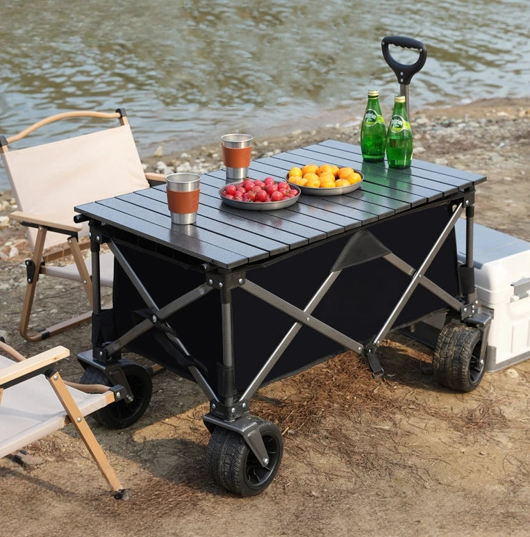 Multi-Terrain Foldable Four-Wheel Shopping and Travel Trolley Cart with Table Board, Steel Construction, 90x50x55 cm