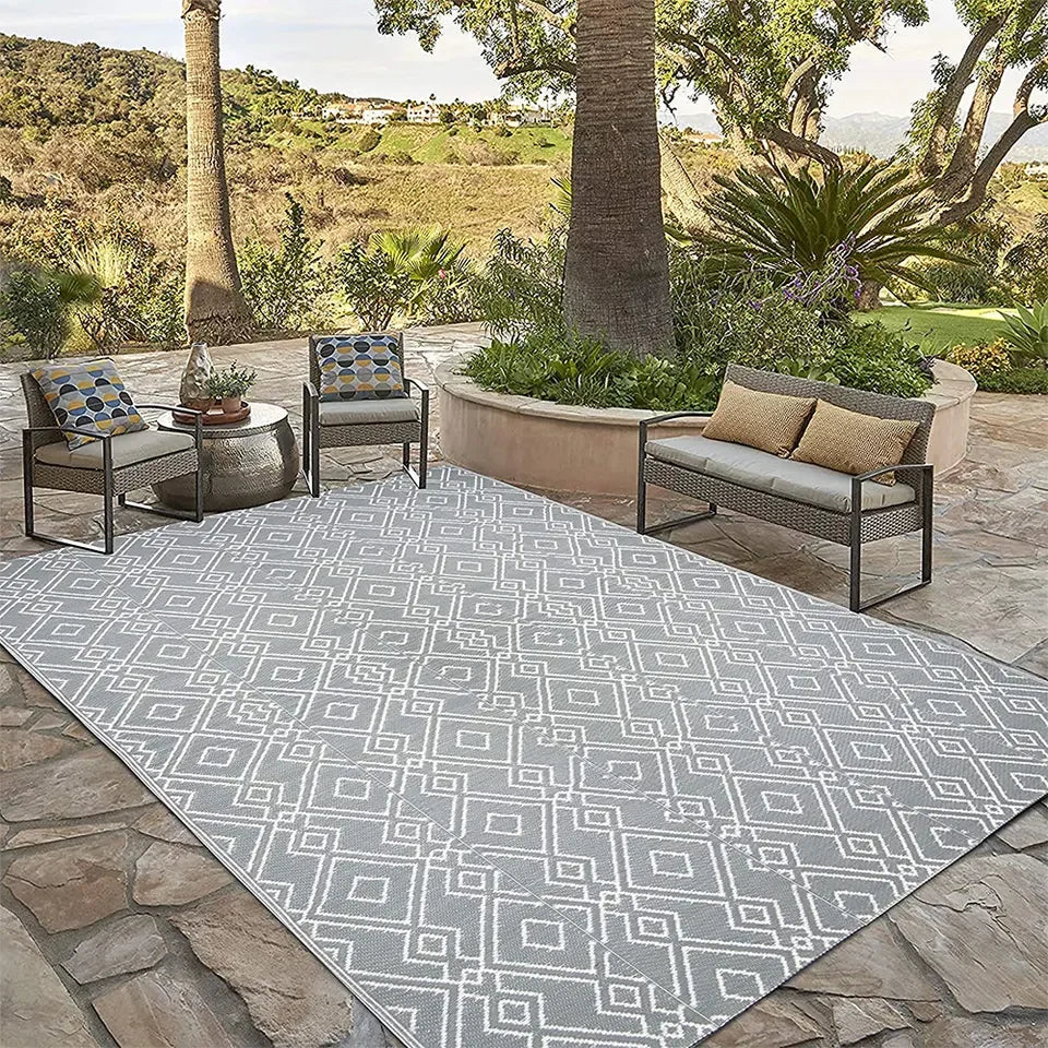 Outdoor Woven Mat, Rectangular, Washable, Stain Resistant, Non-Slip, Geometric Pattern, Polypropylene, Flat Pile