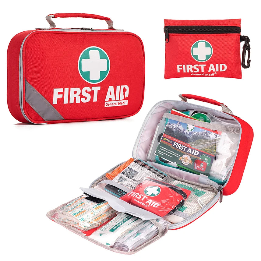 258 Piece First Aid Kit Red for Travel, Vehicle, Outdoor, and Camping Emergency Care