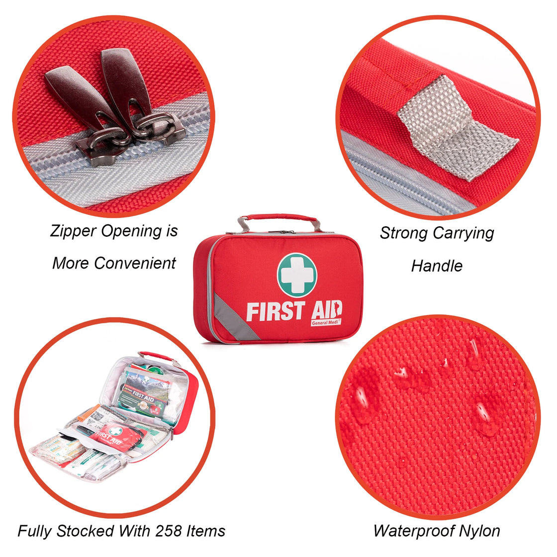 258 Piece First Aid Kit Red for Travel, Vehicle, Outdoor, and Camping Emergency Care