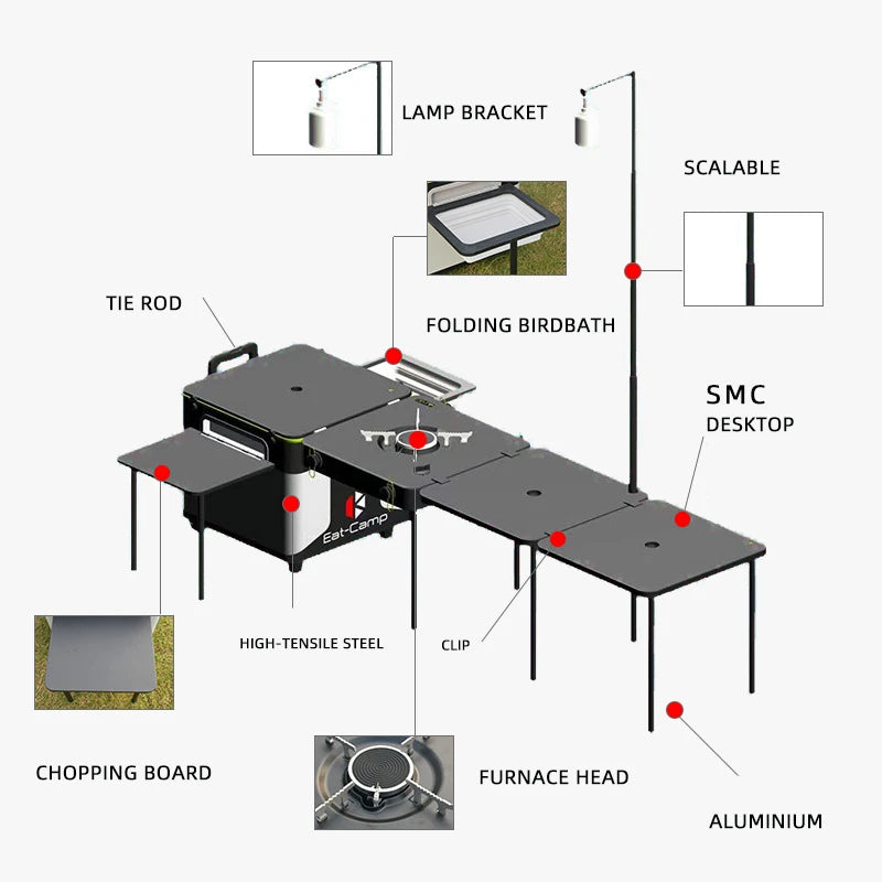 Portable Camping Kitchen Box, Foldable Mobile Picnic Table, Multifunctional Cooking Set, Steel and Aluminum, 180x103x42cm
