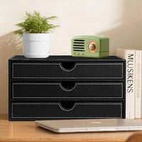 VTX-2709541 FOSKA Stackable Modular Storage Box Black Three Drawer Organizer Leather Accommodating Various Home Accessories