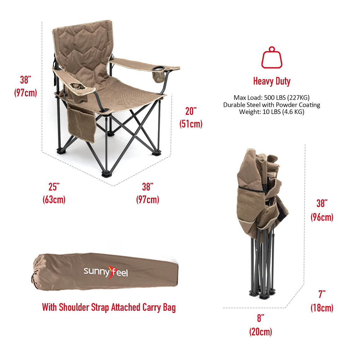 Folding Camping Chair with Steel Frame and Padded 600D PVC Fabric, Outdoor Beach and Leisure Use, 500 lbs Capacity