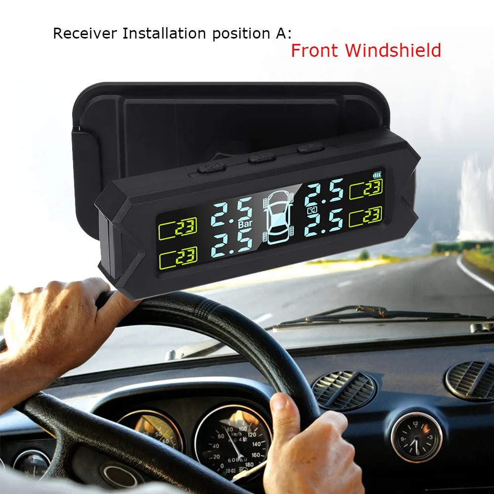 Solar USB Charging Tire Pressure Monitoring System with 4 External Sensors for Vehicles