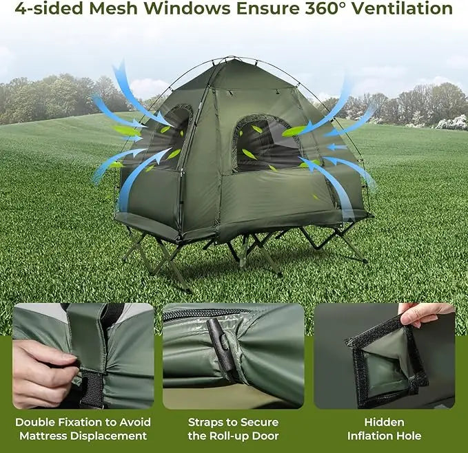 5 in 1 Elevated Camping Tent Cot with Air Mattress and Sleeping Bag, Waterproof, Portable, 77x57x74 inch
