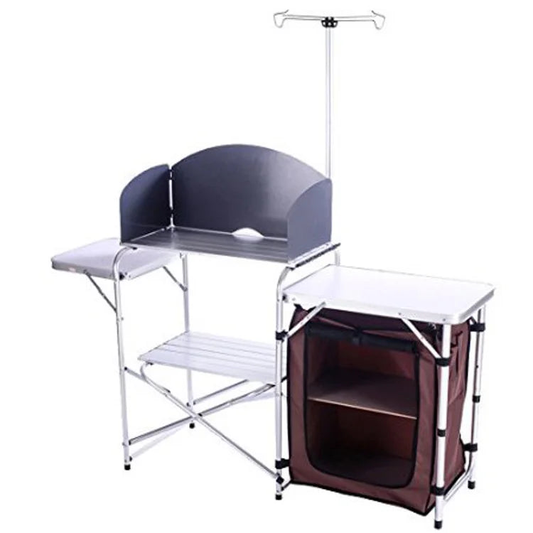 Portable Foldable Camping Kitchen Organizer, Aluminum and MDF, 176x40x80cm