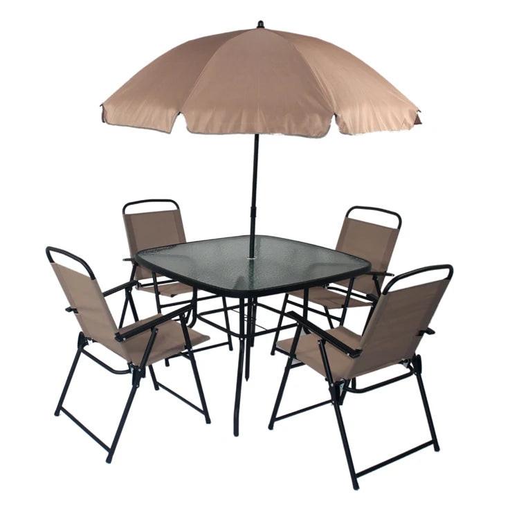 6-Piece Modern Outdoor Garden Furniture Set - Steel Frame Rattan Fabric Foldable Table and Chairs