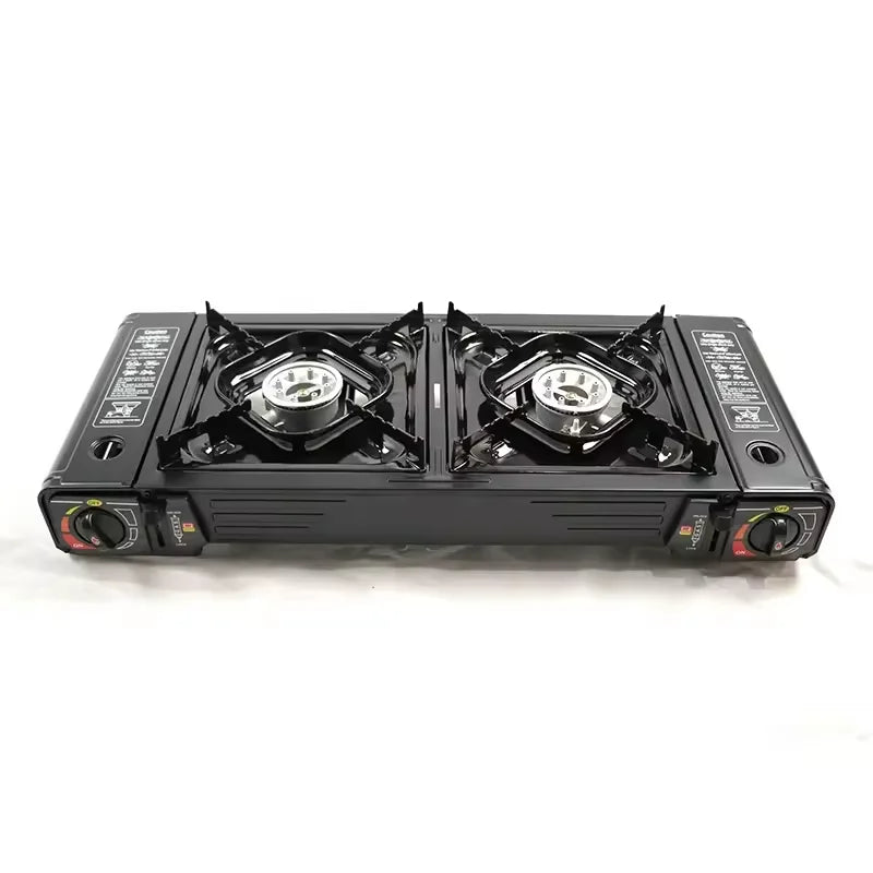Portable Double Burner Butane Stove with Grill for Outdoor Cooking