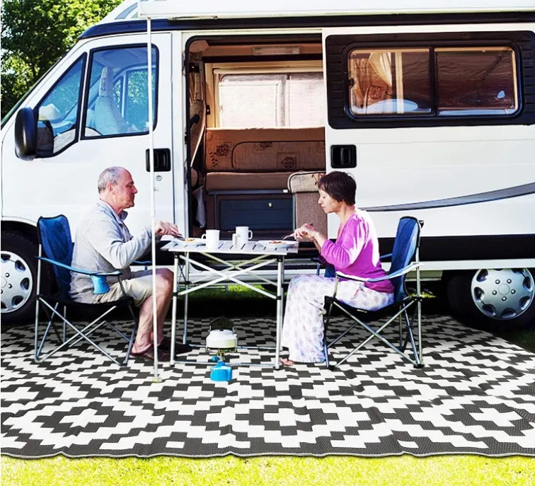 Reversible Waterproof Picnic Blanket, Rectangular Outdoor Rug, Geometric Pattern, Soft Polypropylene Material