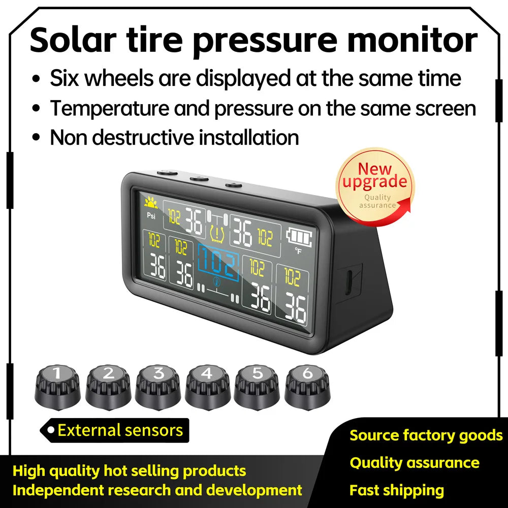 6 Wheels Tire Pressure Monitoring System for Vans RVs Caravans - External Sensor LCD Display