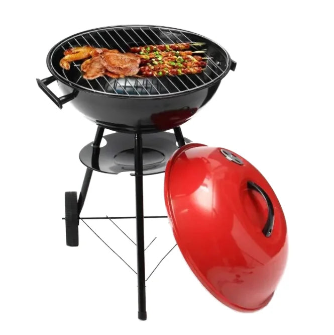 VTX-2626725 Modern Luxurious Portable Movable Iron Chrome Plated Charcoal BBQ Grill Apple Shape Trolley Two Wheels Outdoor Camping