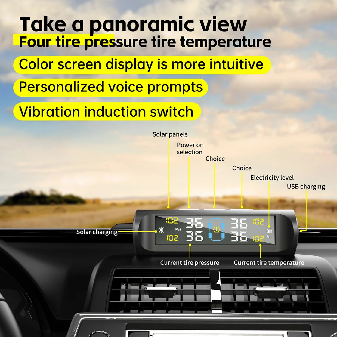 Digital Tire Pressure Monitoring System with 4 Solar-Powered Sensors for Universal Fit