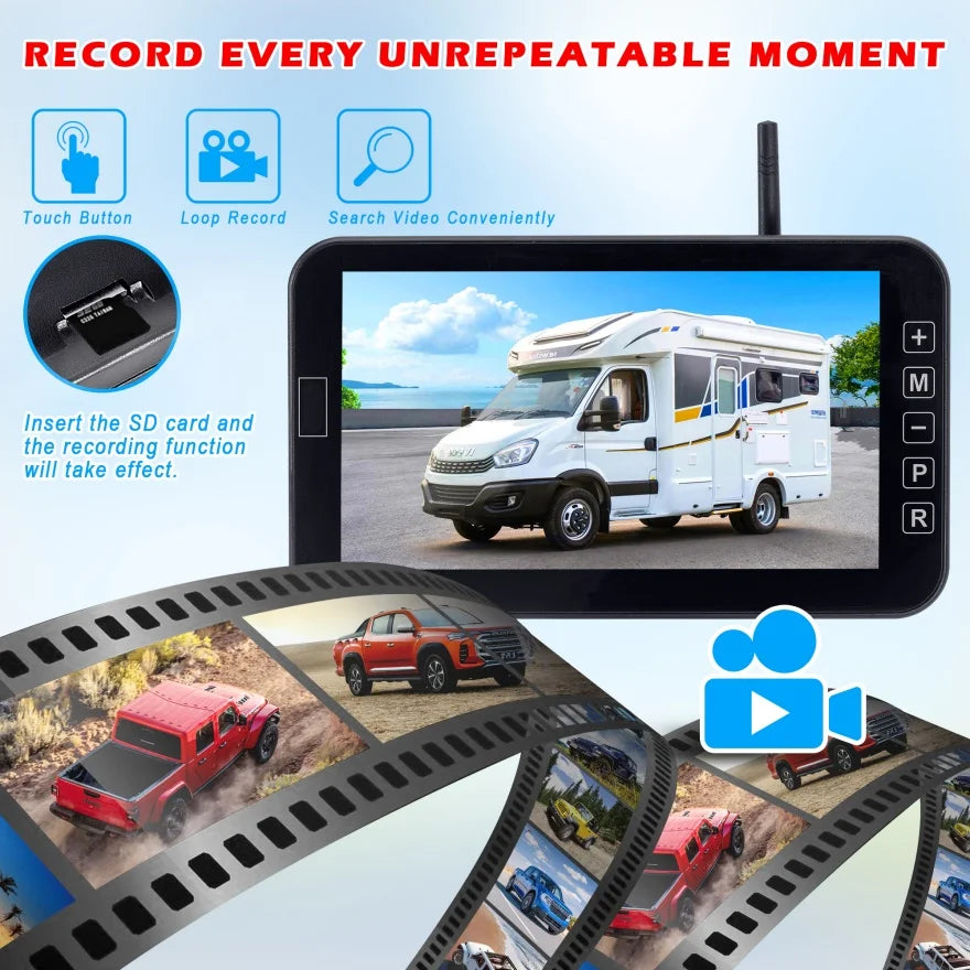 Wireless Rear View Camera System with Solar Panel for Cars and RVs, 1080P Resolution, Waterproof, 7-Inch Display