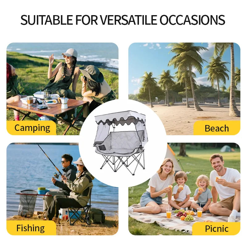 Outdoor Folding Chair with Integrated Awning Canopy and Double Backrest for Camping, Beach, and Fishing