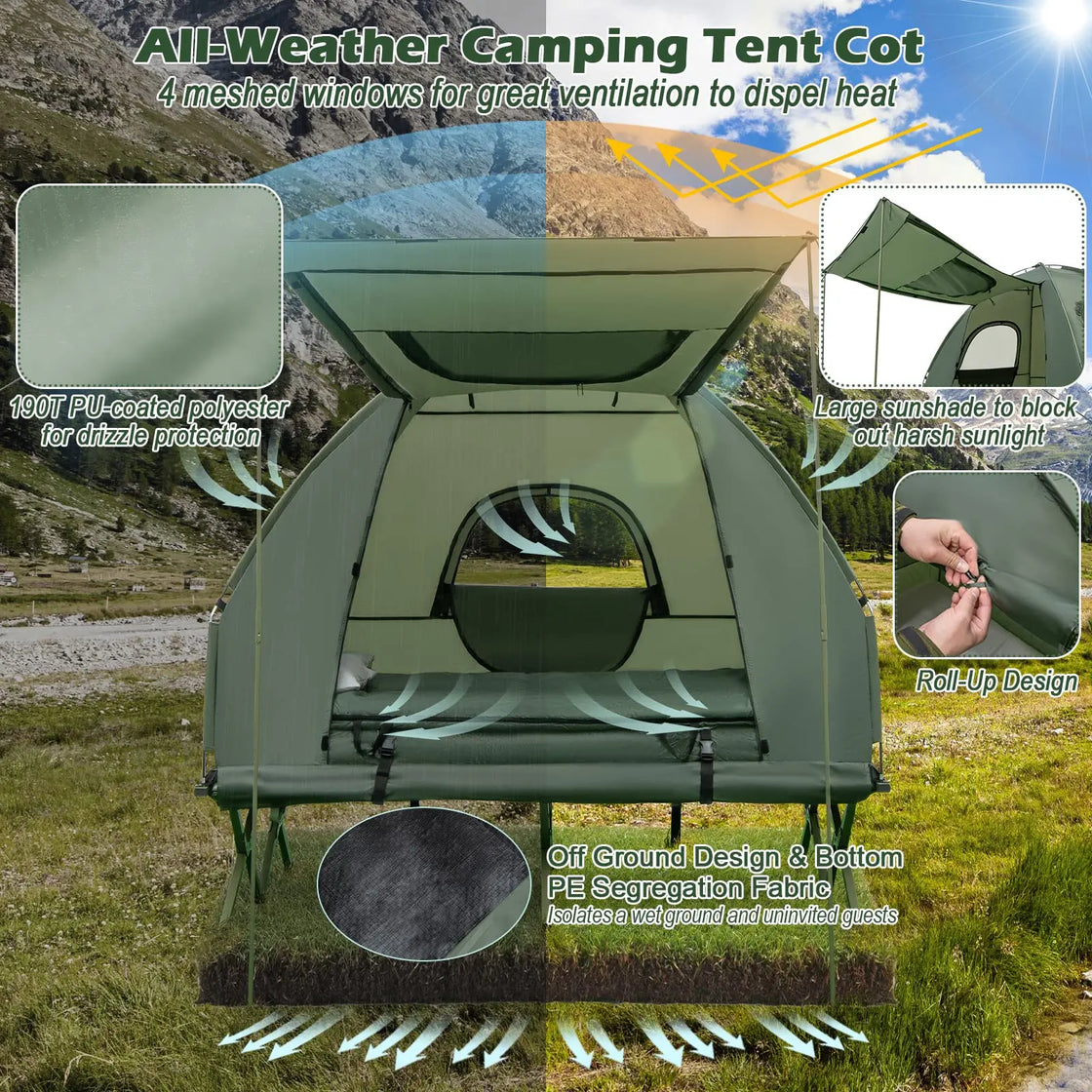 2-3 Person Portable Elevated Camping Tent with Foldable Bed, Waterproof Oxford Fabric, Quick Automatic Opening, 240x240x155cm