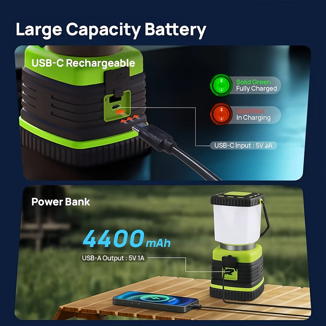 LED Camping Lantern, USB-C Rechargeable, 1500LM, 5 Light Modes, 100H Runtime, IP44, Dimmable, 4100K